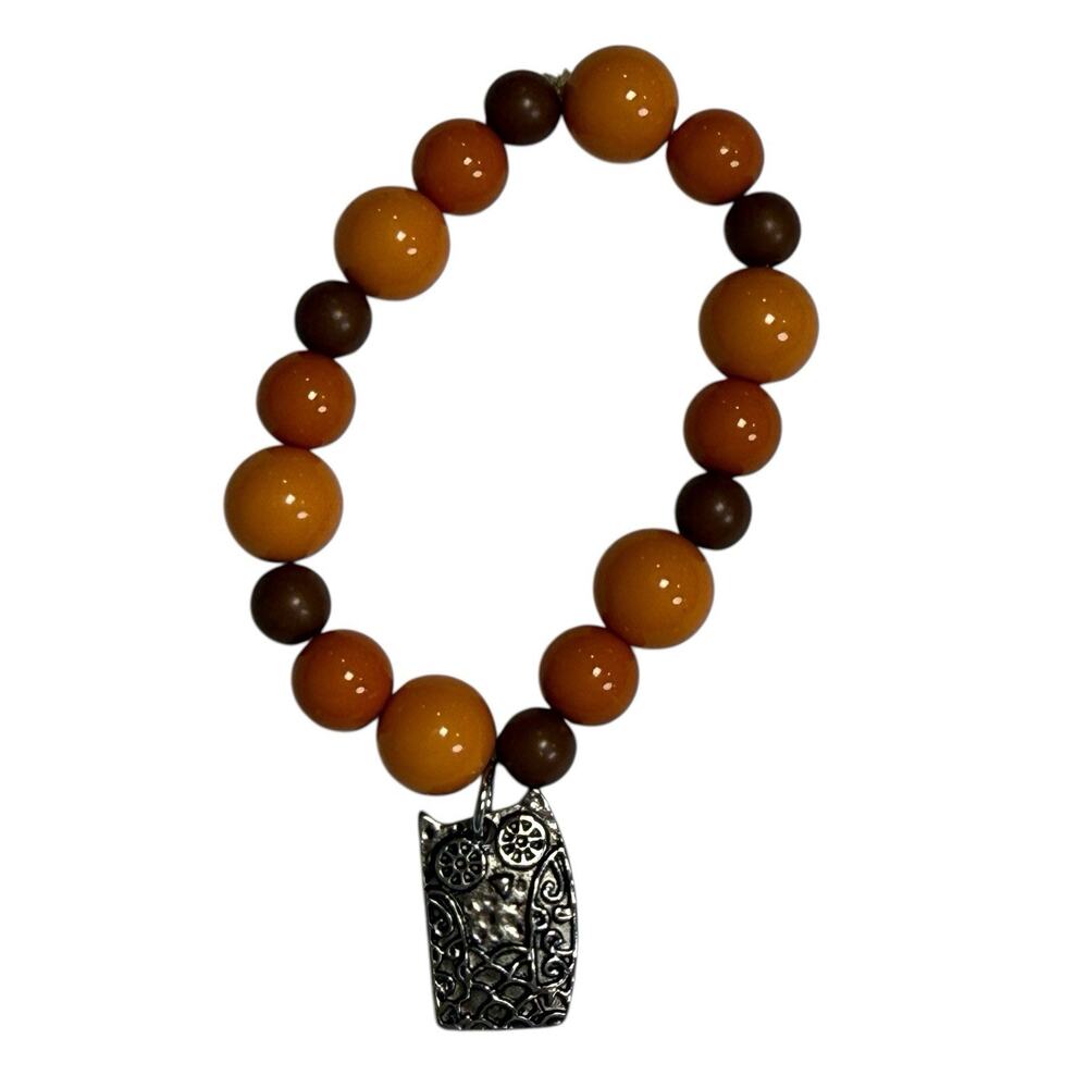 Owl Charm‎ Orange and Brown Beaded Stretch Bracelet Fall Neutral Owl You Forever